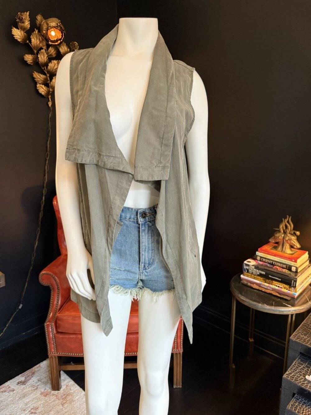 Splendid Olive Draped Open Linen Vest S